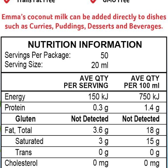 Nutrition Information for EMMA Dairy Free 1L Santan Kelapa Coconut Milk